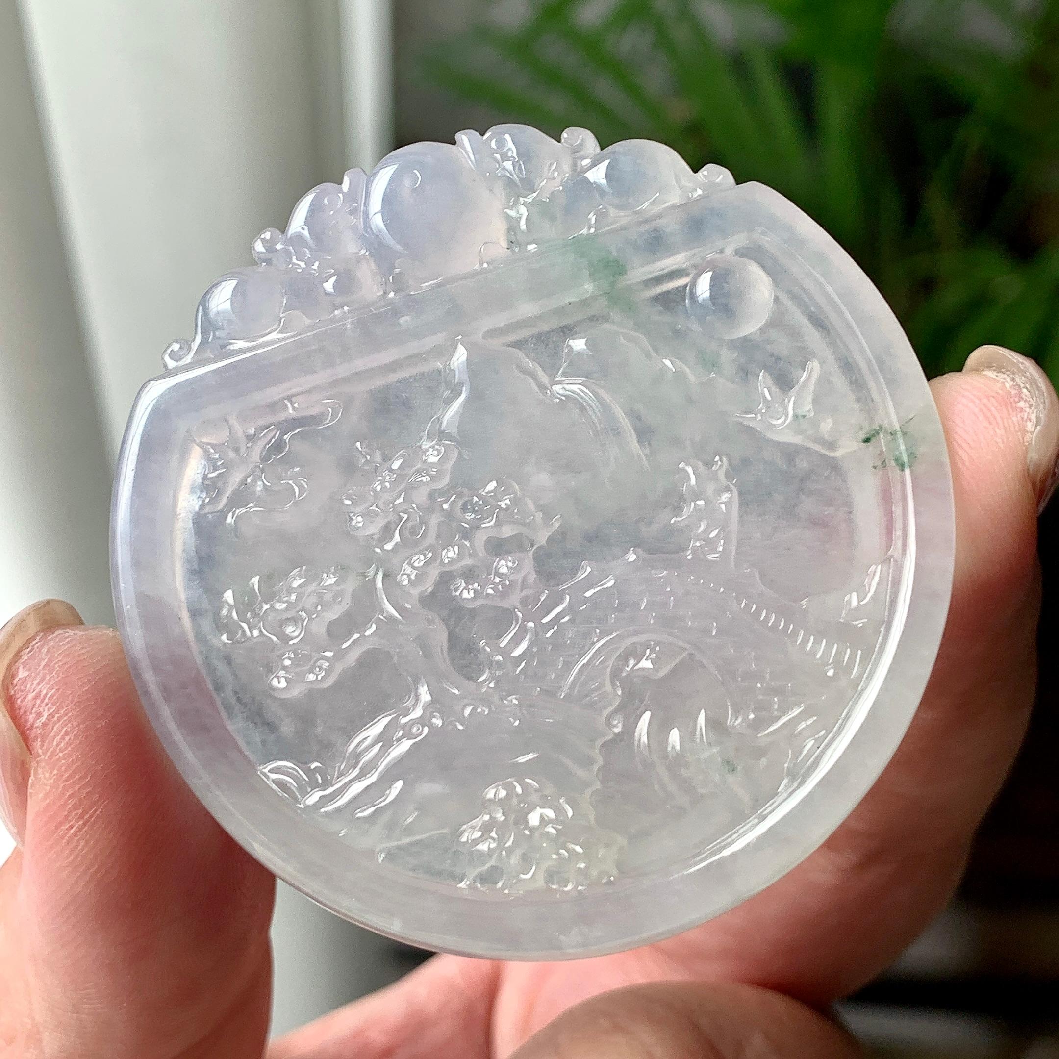 糯冰种飘花山水牌挂件  天然缅甸A货翡翠（yc447386）