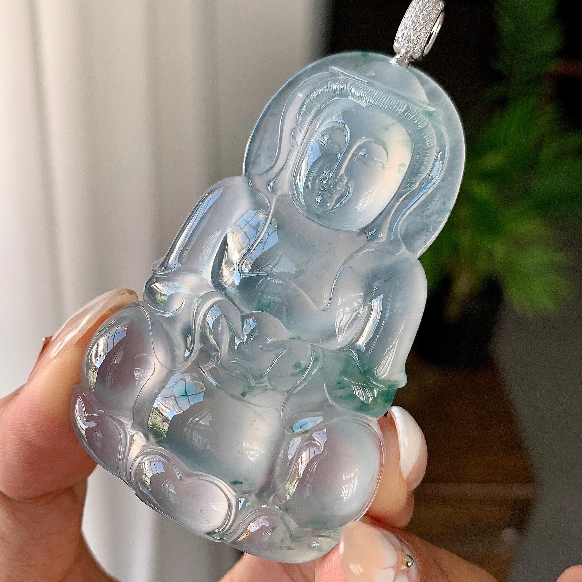 18k金钻镶冰种飘花观音挂件（yc246707）