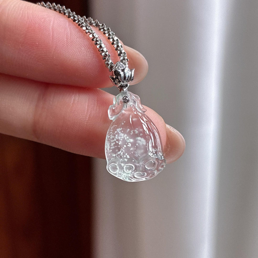 18k金扣头冰种雪花棉莲蓬吊坠 天然缅甸A货翡翠（yc537473）