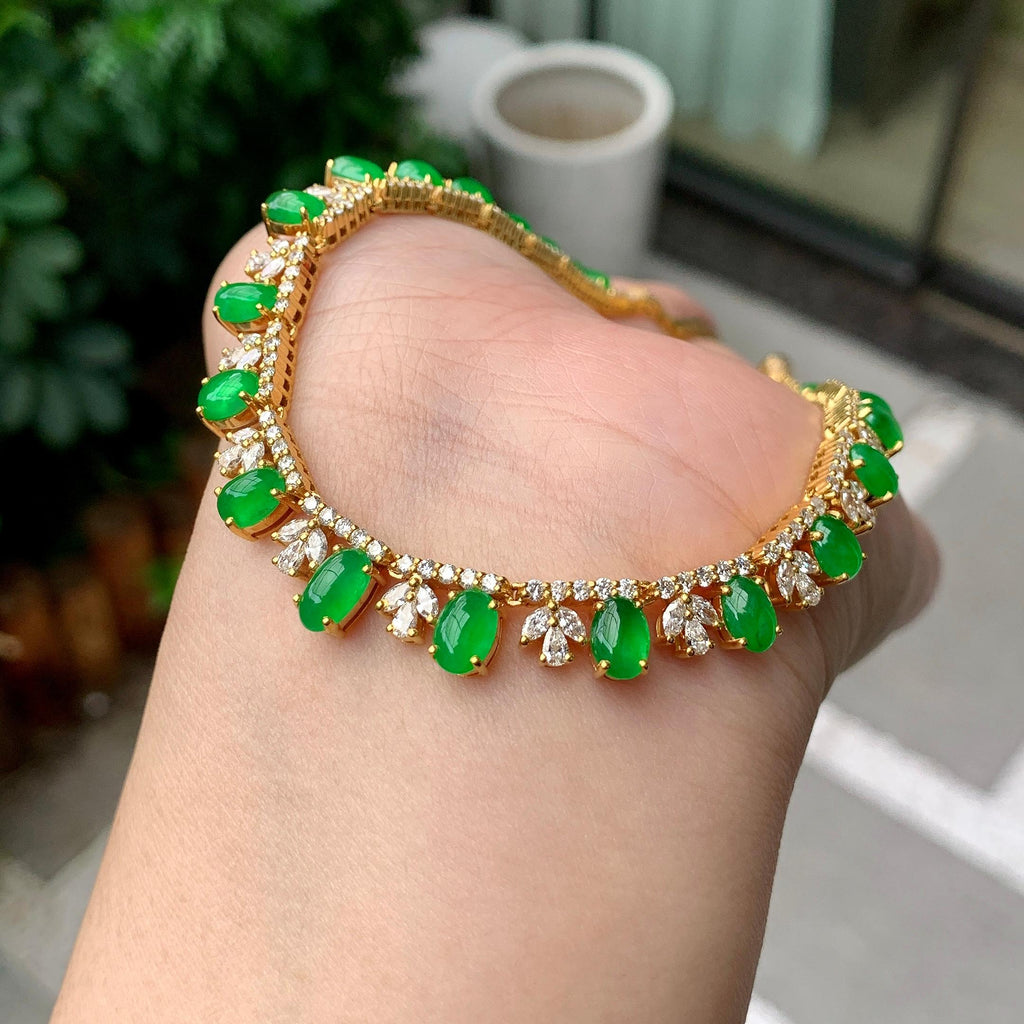 18K金钻镶糯冰种满绿蛋面套链（yc261128）