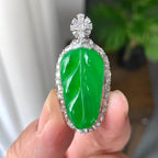 18K金钻镶糯冰种满绿叶子吊坠（yc248212）