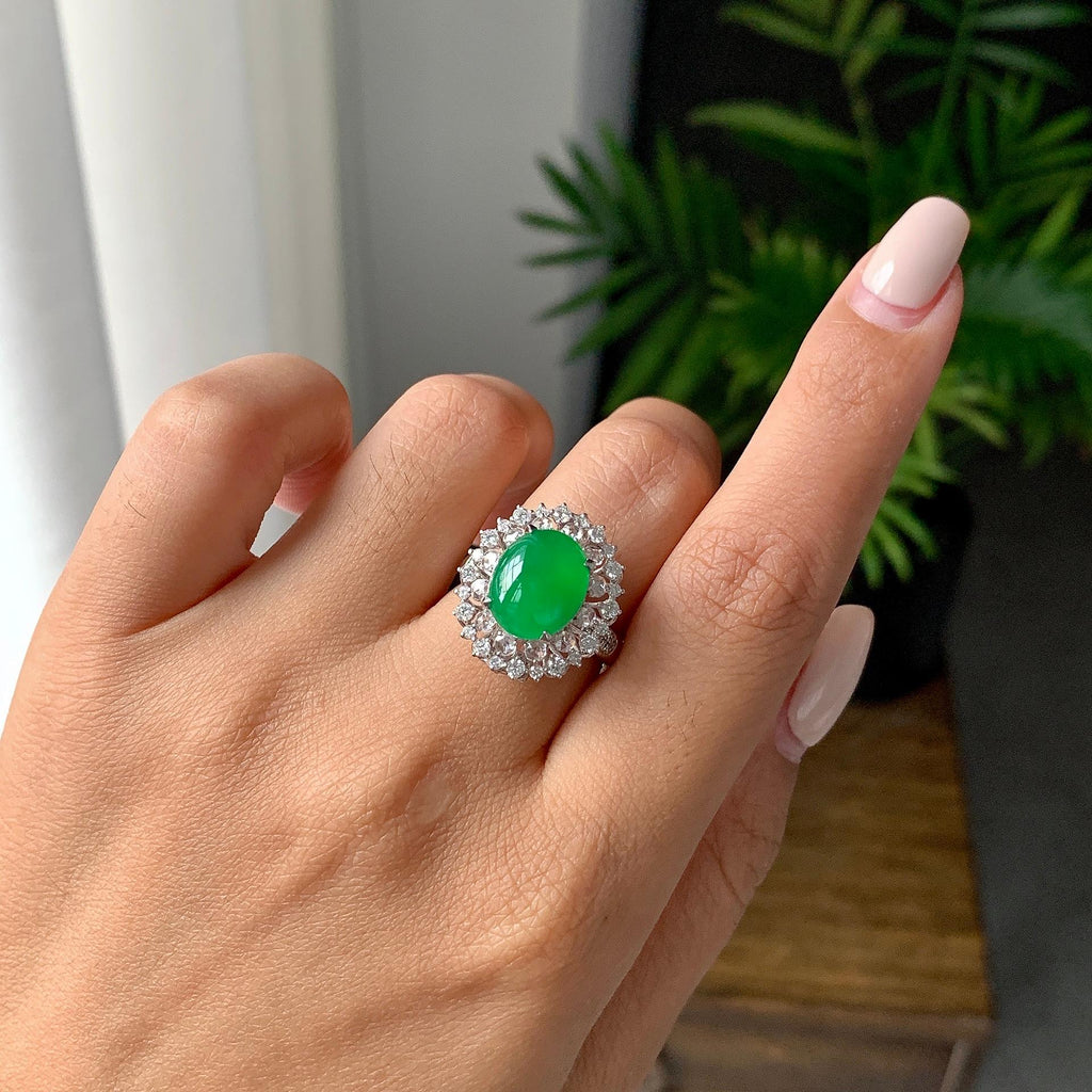 18k金钻镶糯冰种满绿蛋面戒指/手链（两用款）（yc231038）