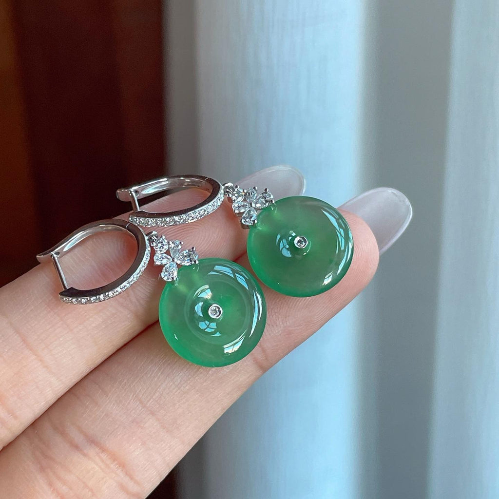 18k金钻镶冰种湖水绿翡翠耳坠（yc265743）