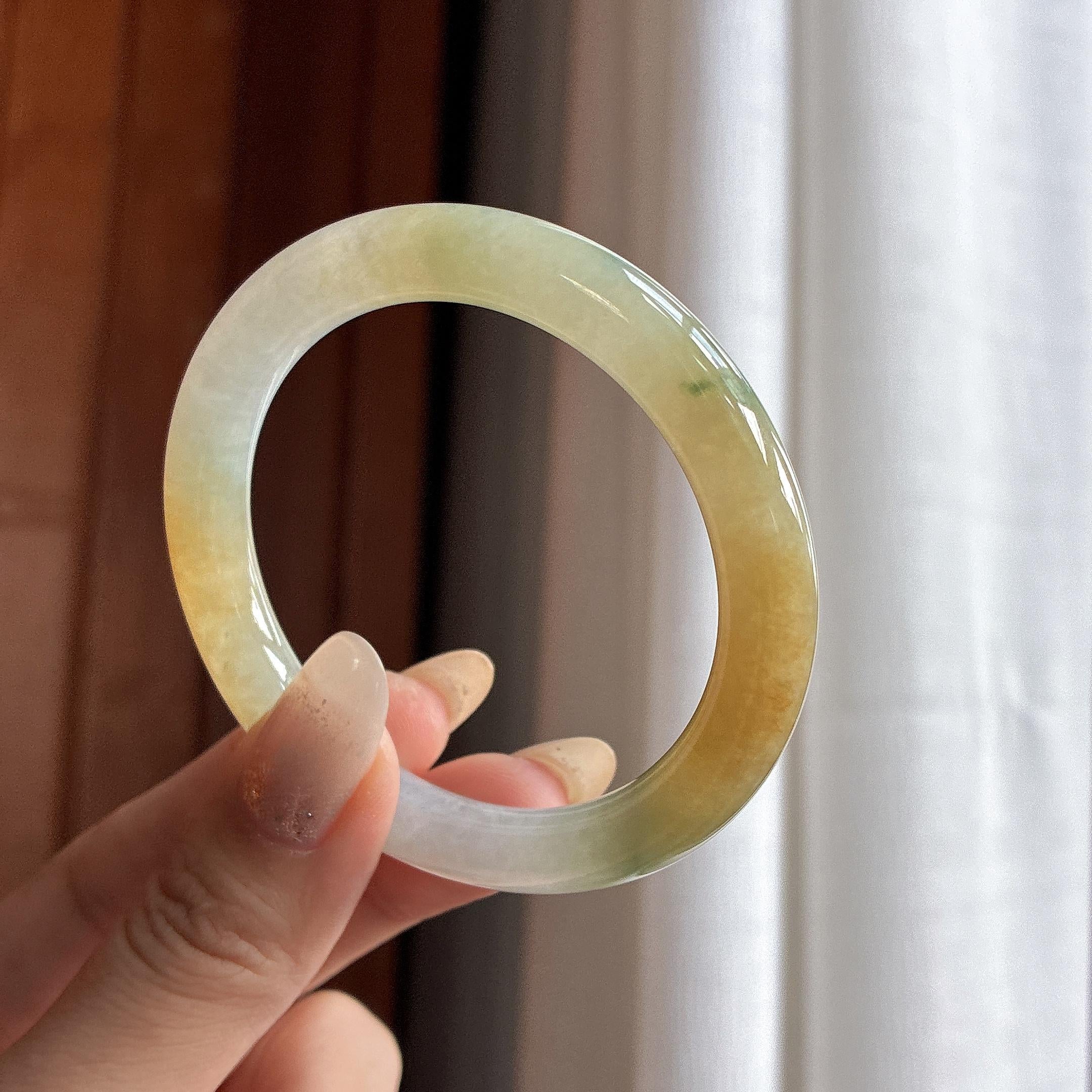 糯冰飘花黄翡特色圆条手镯 52圈 天然缅甸A货翡翠（yc484800）
