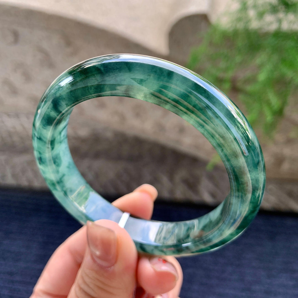 糯冰种飘蓝花正圈平安镯 57.4圈口 天然缅甸A货翡翠（yc352941）