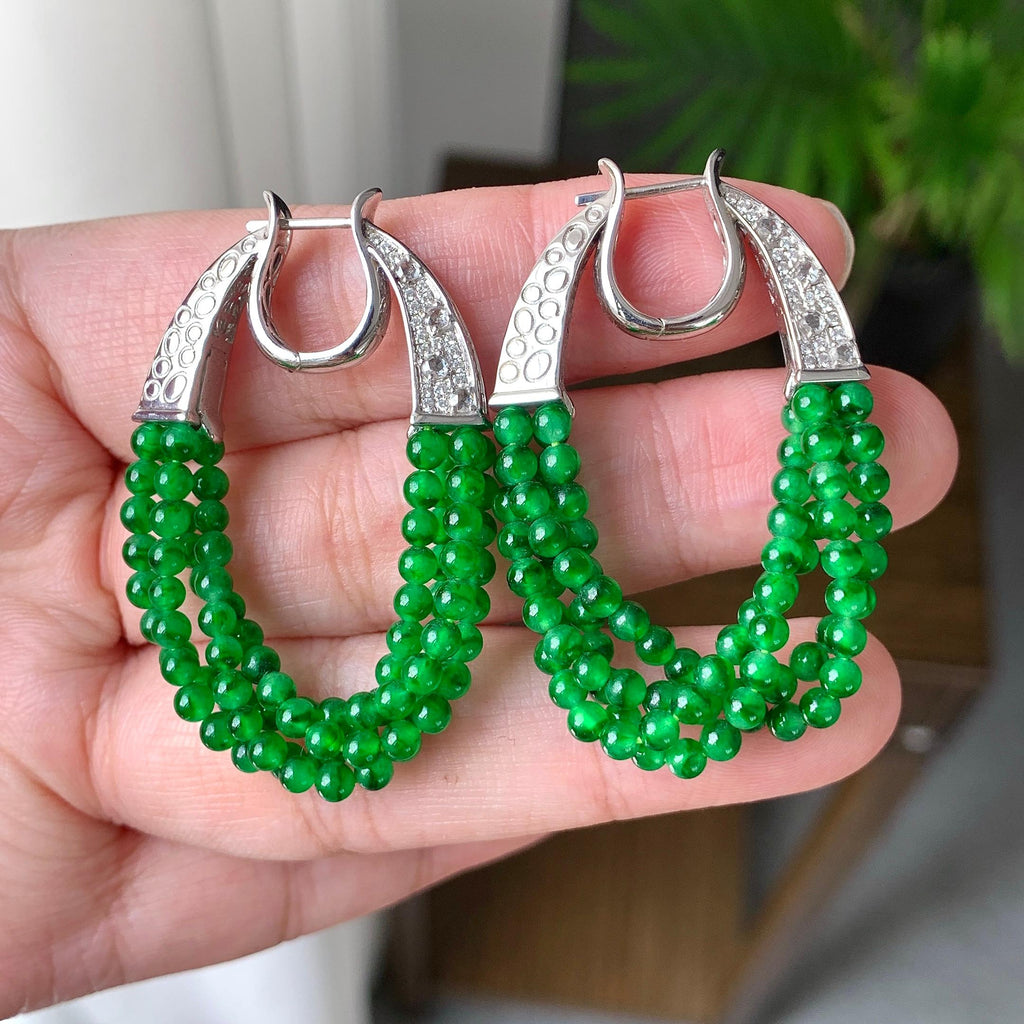 18K金钻镶糯冰种满绿小米珠耳坠（yc248205）