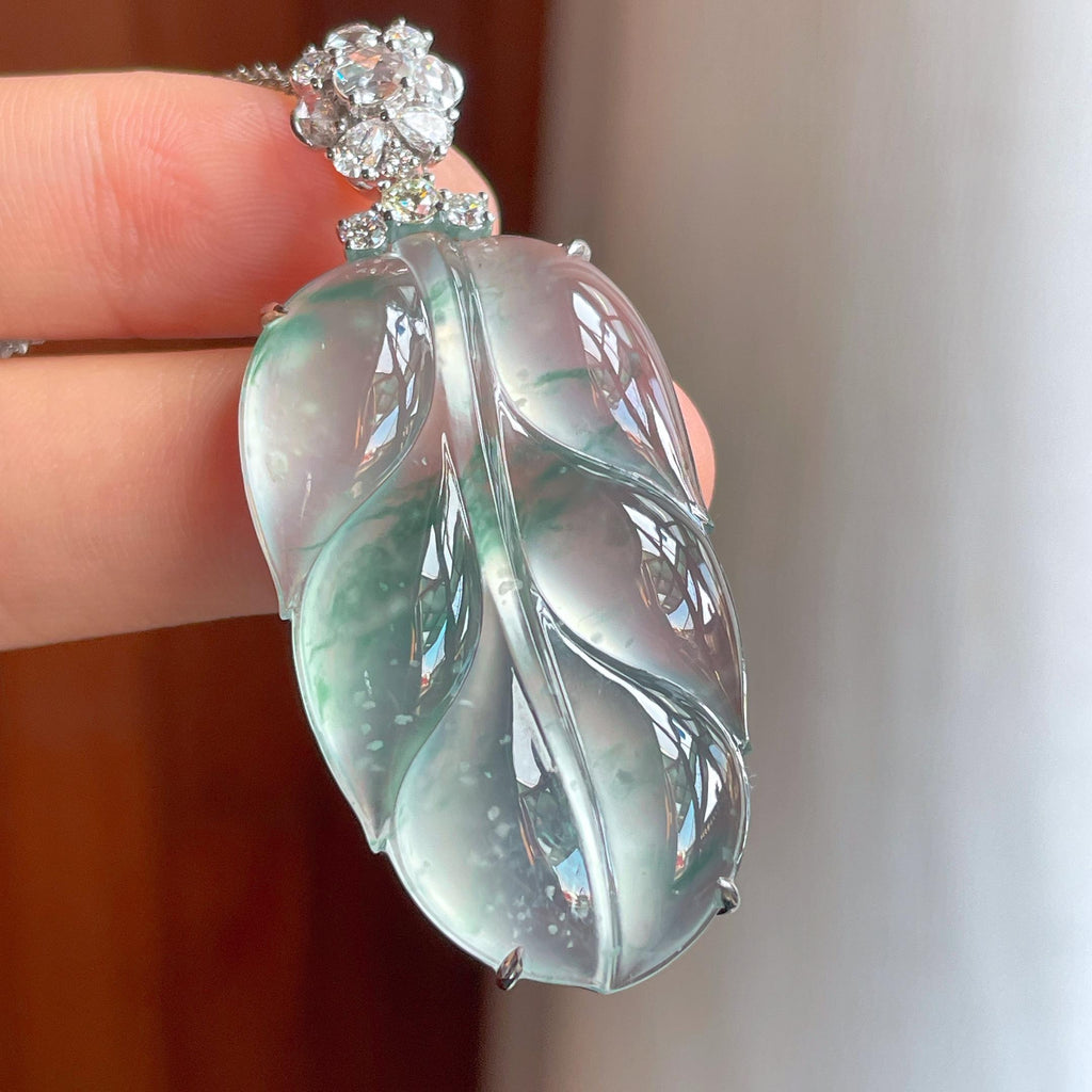 18k金钻镶冰玻种飘花翡翠叶子（yc342545）