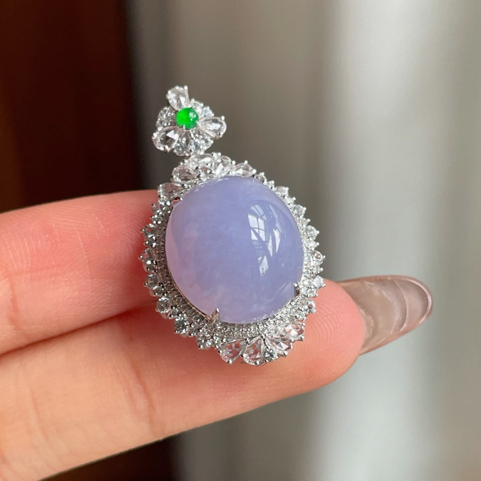 18k金钻镶糯冰种紫罗兰翡翠蛋面吊坠（yc174455）