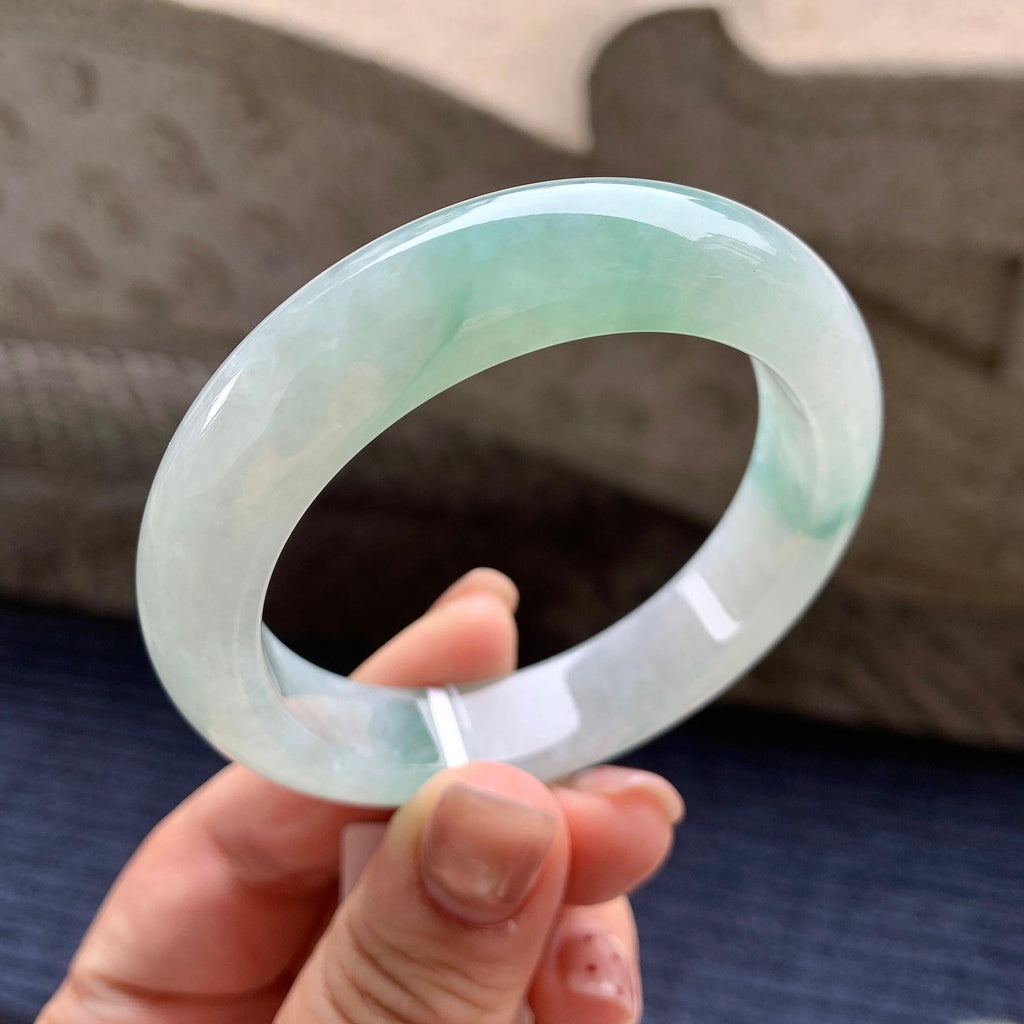 小圈口 细糯种晴底飘蓝花正圈平安镯 52.2圈口 天然缅甸A货翡翠（yc345012）