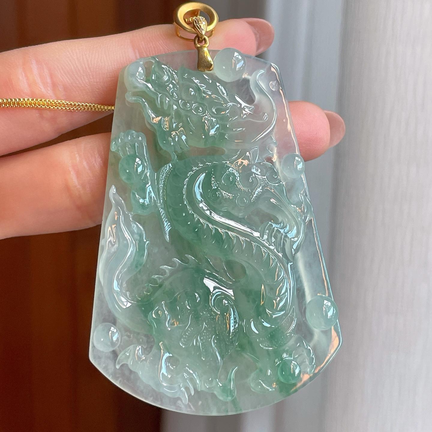 18k金扣头冰种晴底翡翠龙牌（yc338782）