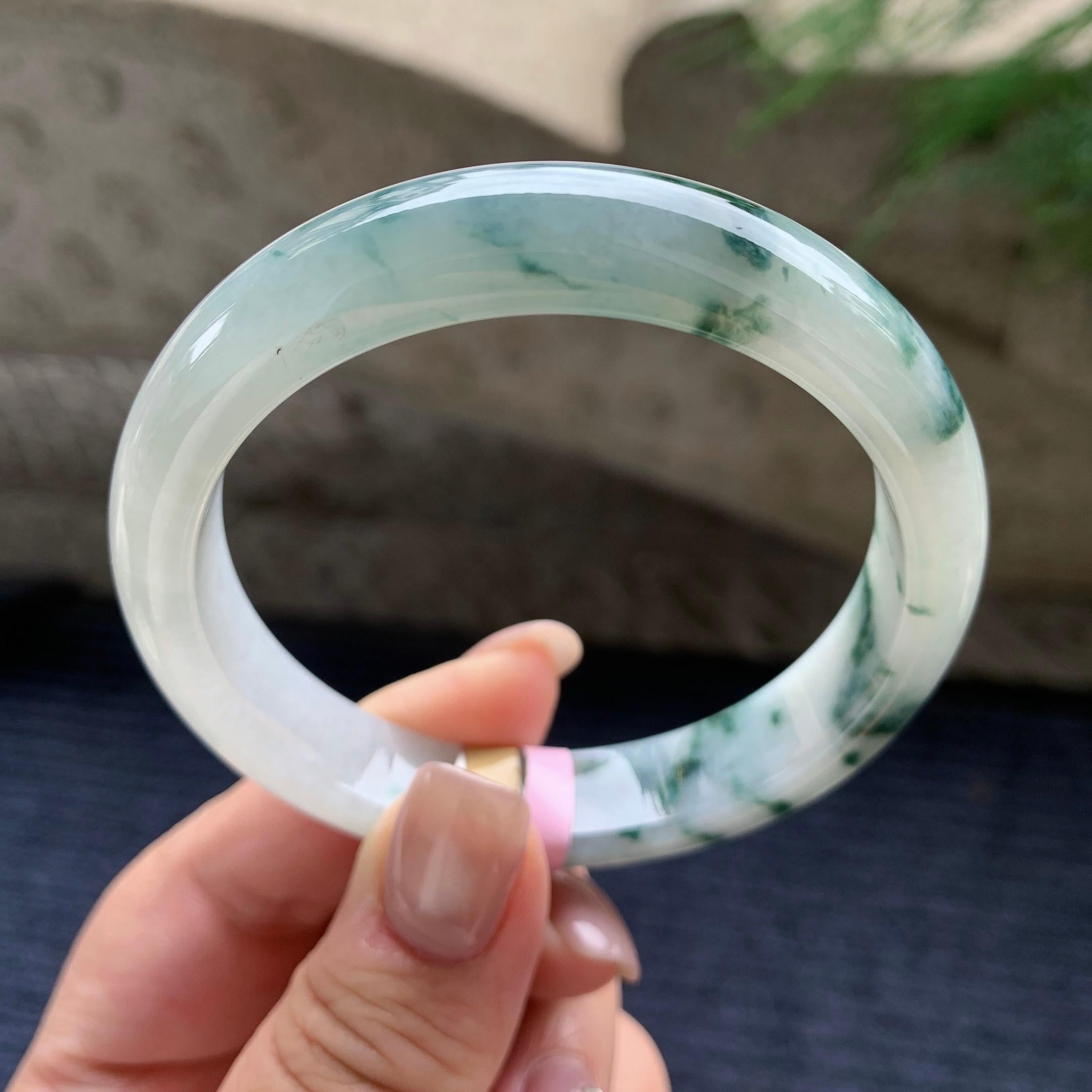 细糯种飘蓝花正圈平安镯  57圈口  天然缅甸A货翡翠（yc405551）