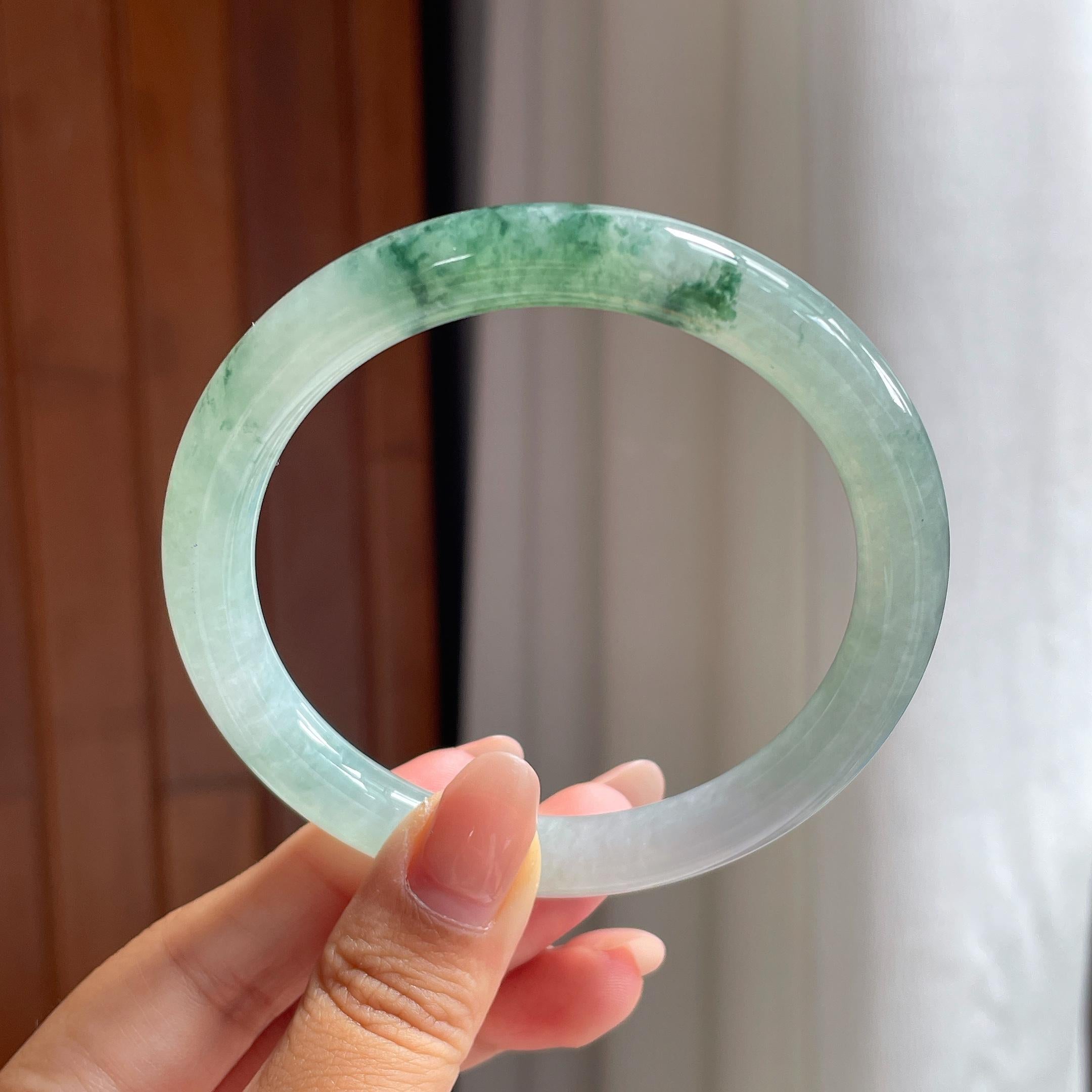 糯冰飘花圆条手镯 58圈 天然缅甸A货翡翠（yc693795）