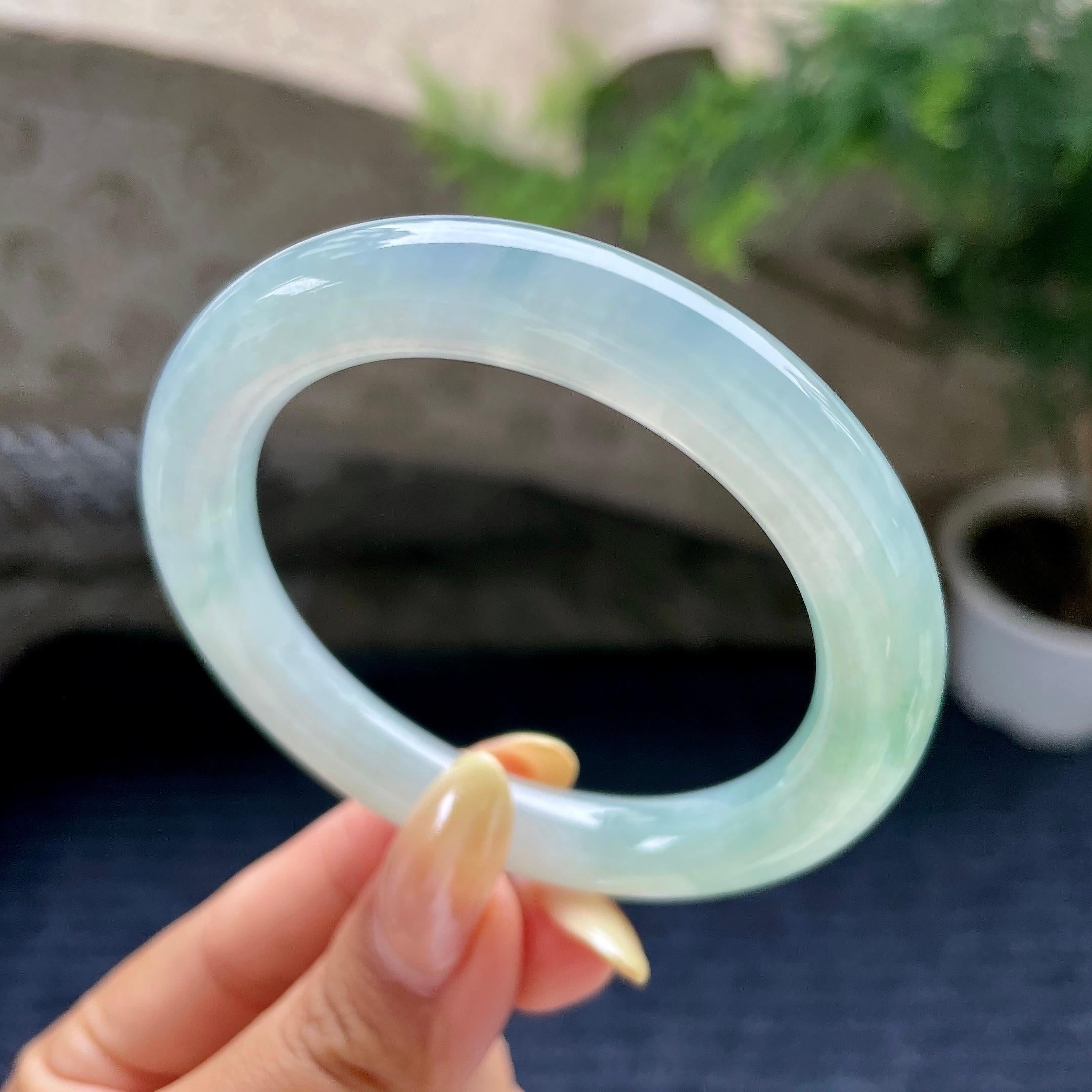 小圈口 糯冰种晴底圆条手镯52.8圈 天然缅甸A货翡翠（yc489136）