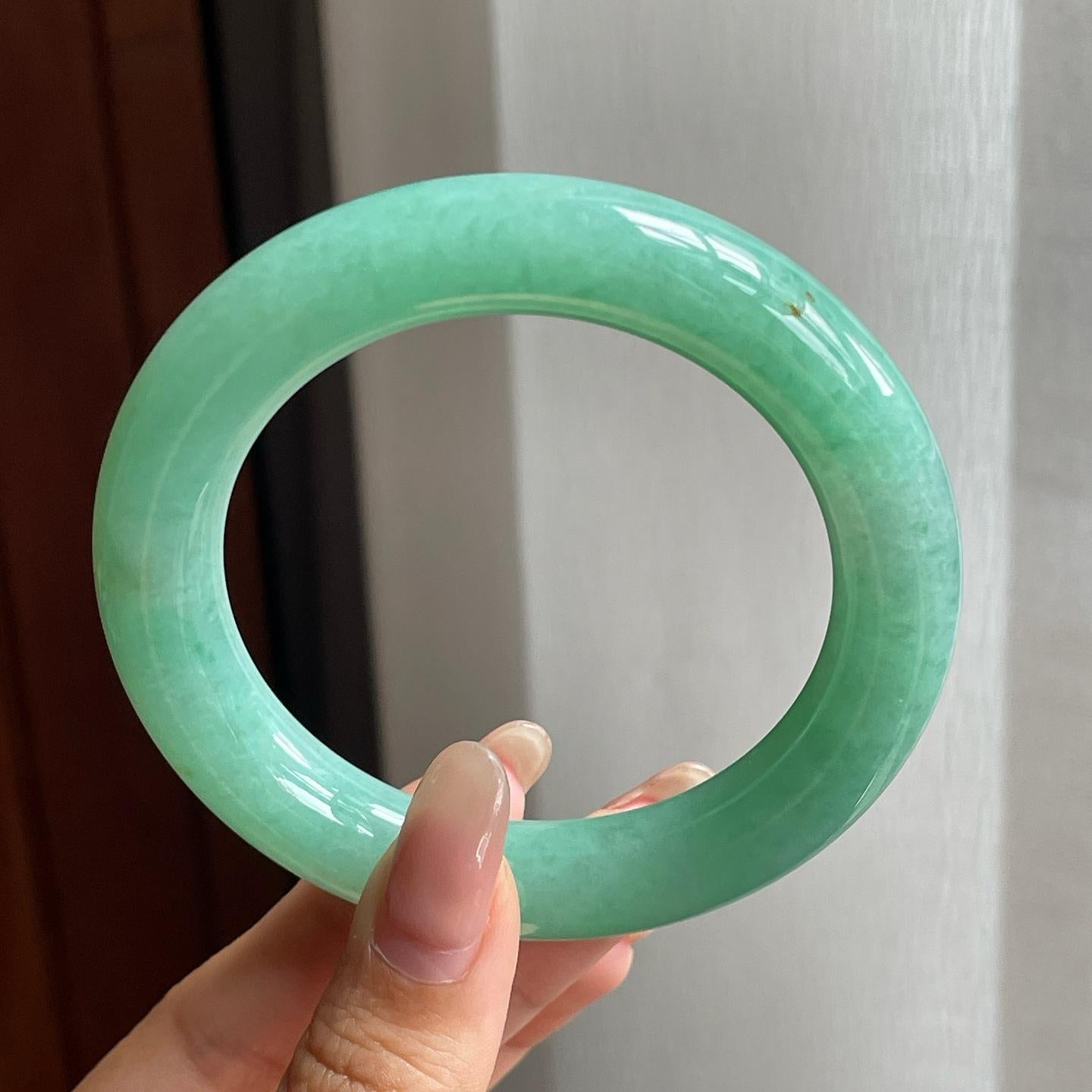 糯冰种豆绿满绿翡翠圆条手镯（54mm）（yc200134）