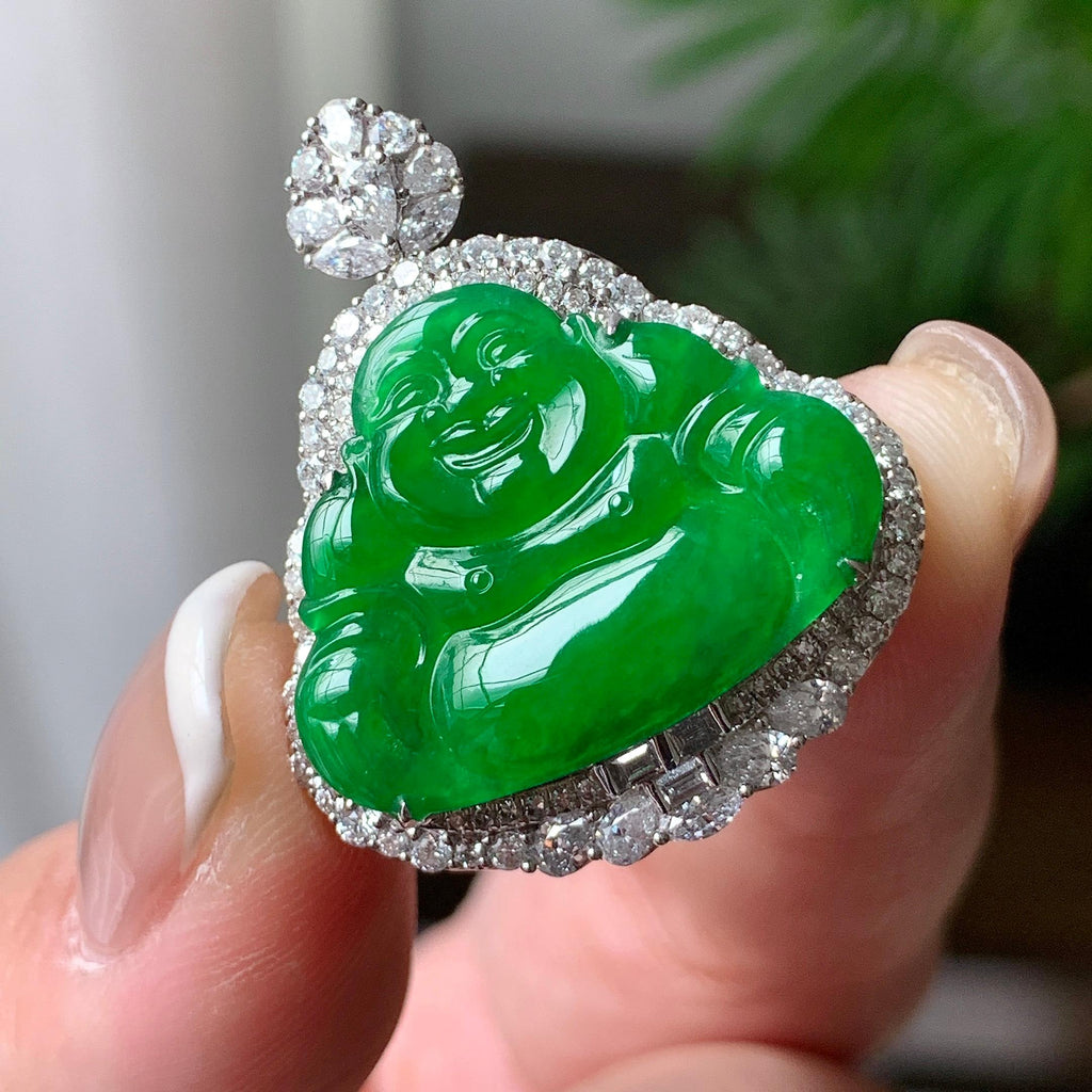 18K金钻镶糯冰种阳绿佛公吊坠  天然缅甸A货翡翠（yc363815）