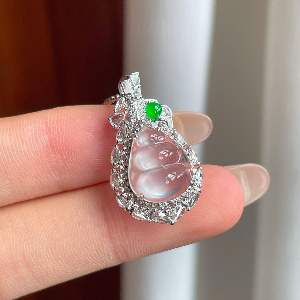 18k金镶玻璃种无色翡翠豆子（yc249164）