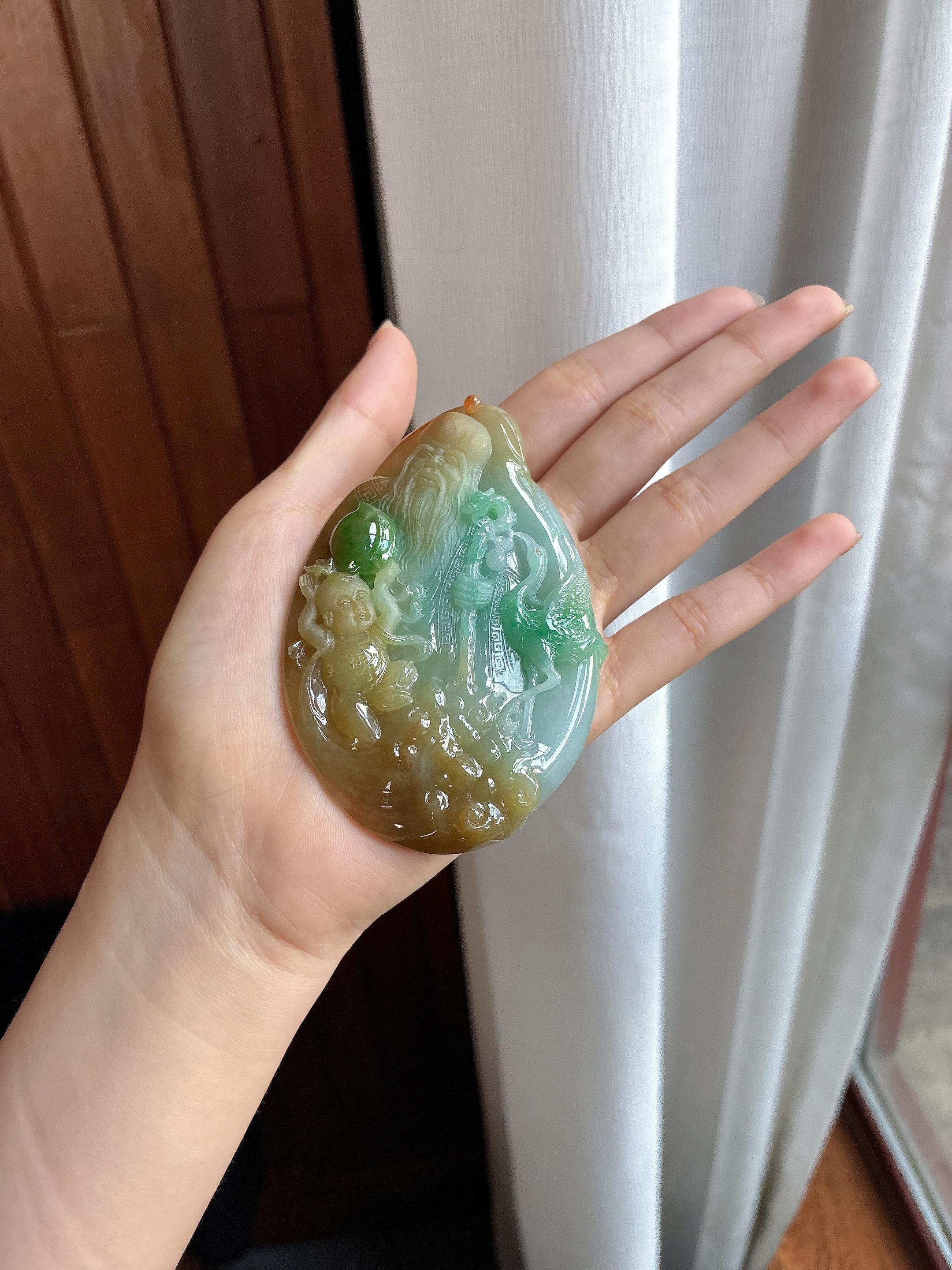 细糯种黄加绿寿星挂件 天然缅甸A货翡翠（yc484154）