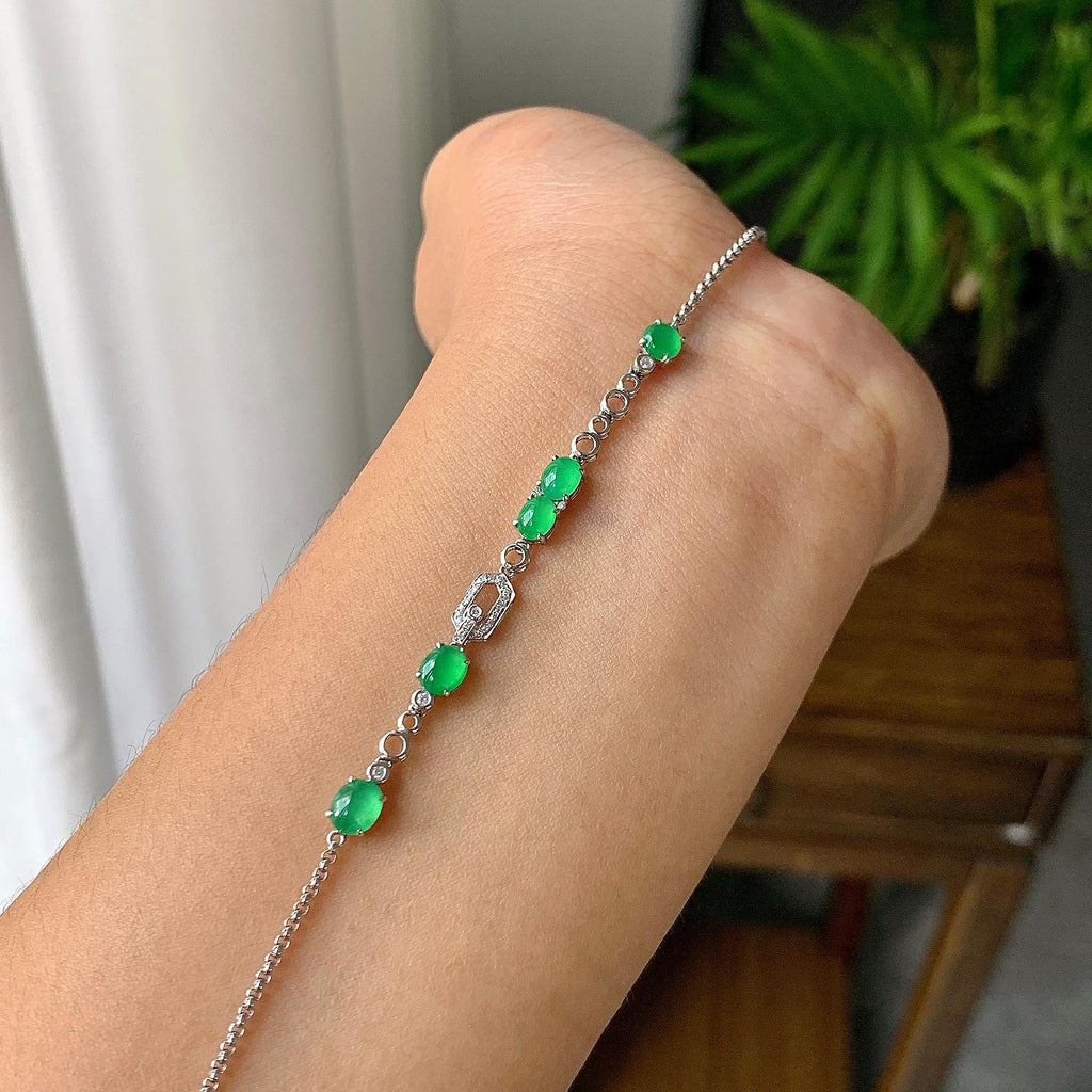 18k金钻镶冰种满绿蛋面手链（yc215983）