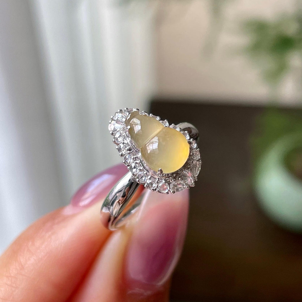 18k金钻镶冰种黄翡葫芦戒指天然缅甸A货翡翠（yc321387）