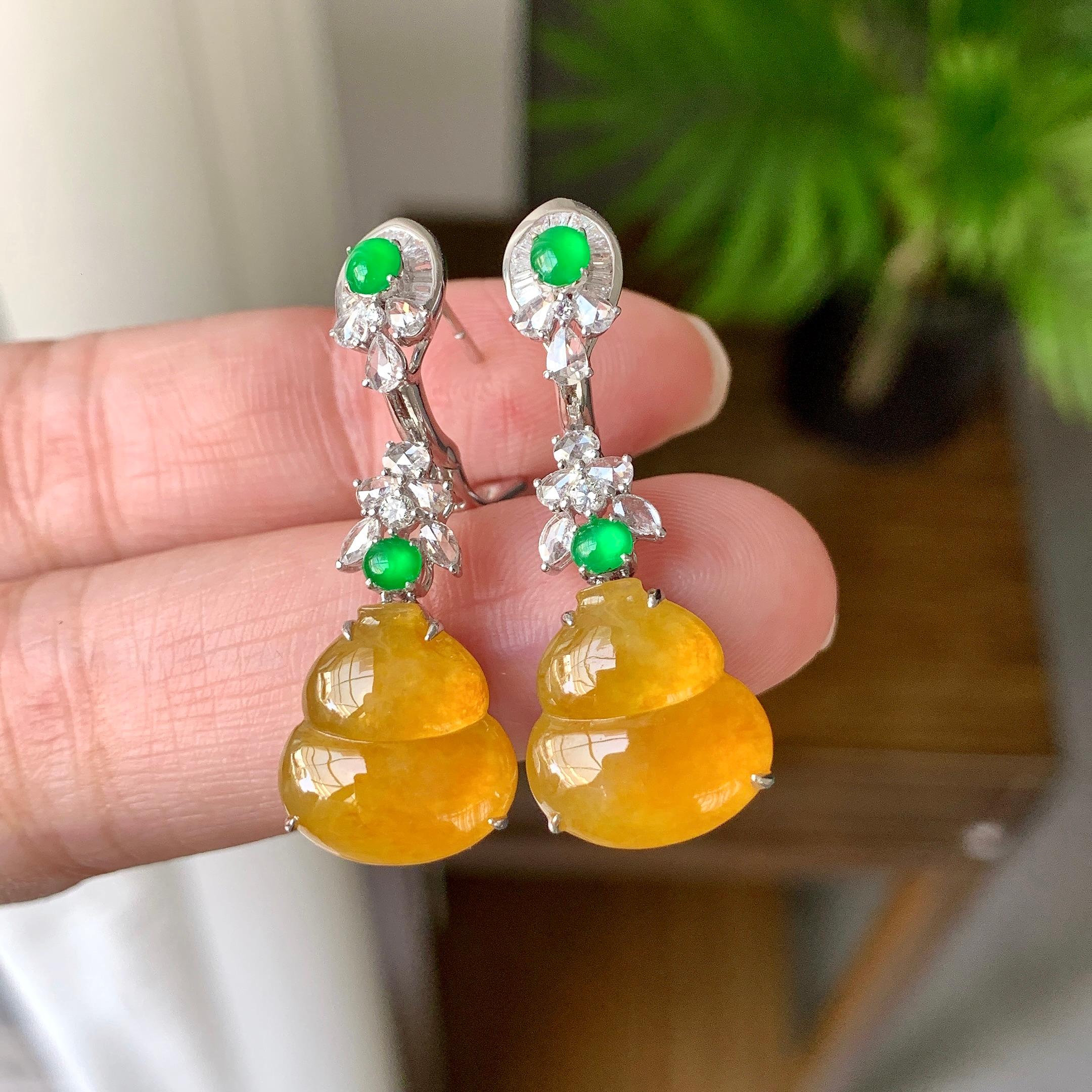 18K金钻镶糯冰种黄翡葫芦耳坠（yc248199）