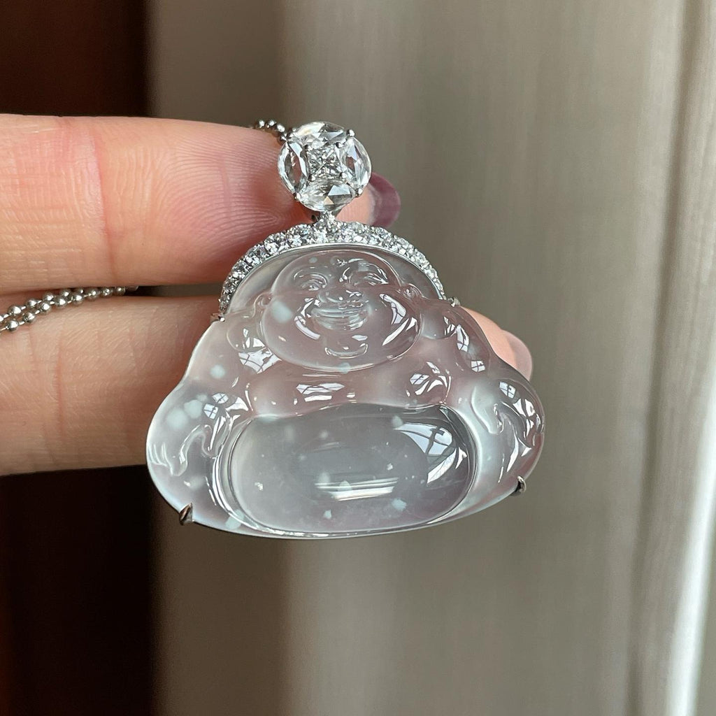 18k金钻镶冰玻种雪花棉翡翠佛公（yc302338）