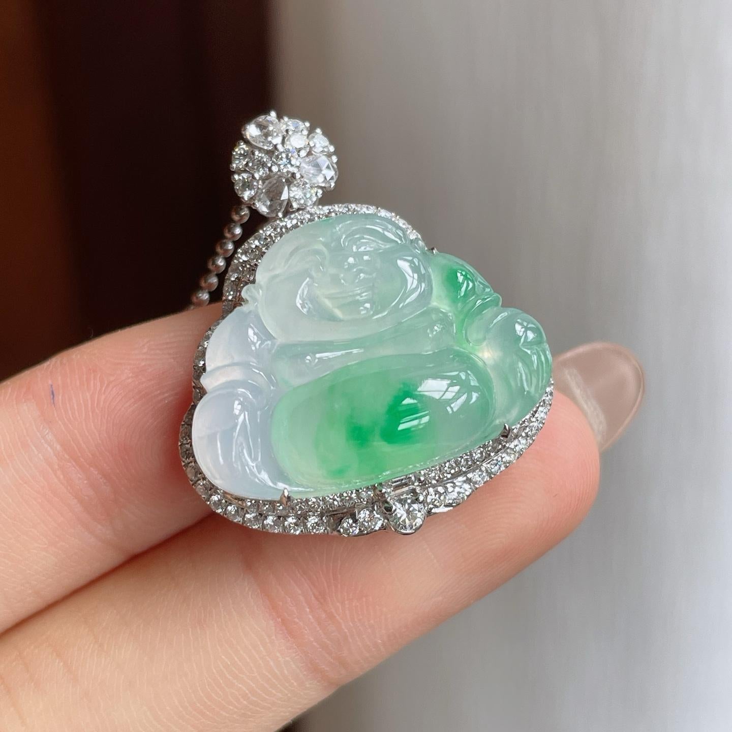 18k金镶冰种飘绿花翡翠佛公（yc247161）