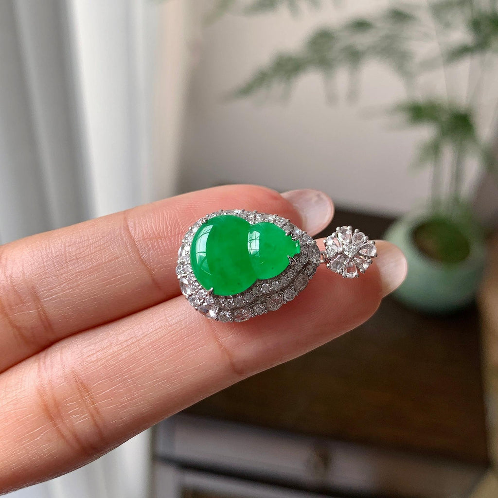 18k金钻镶冰种翠绿葫芦戒指/吊坠（两用款）（yc286403）