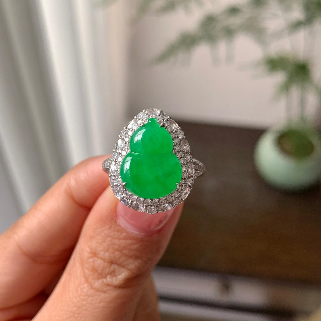 18k金钻镶冰种翠绿葫芦戒指/吊坠（两用款）（yc286403）