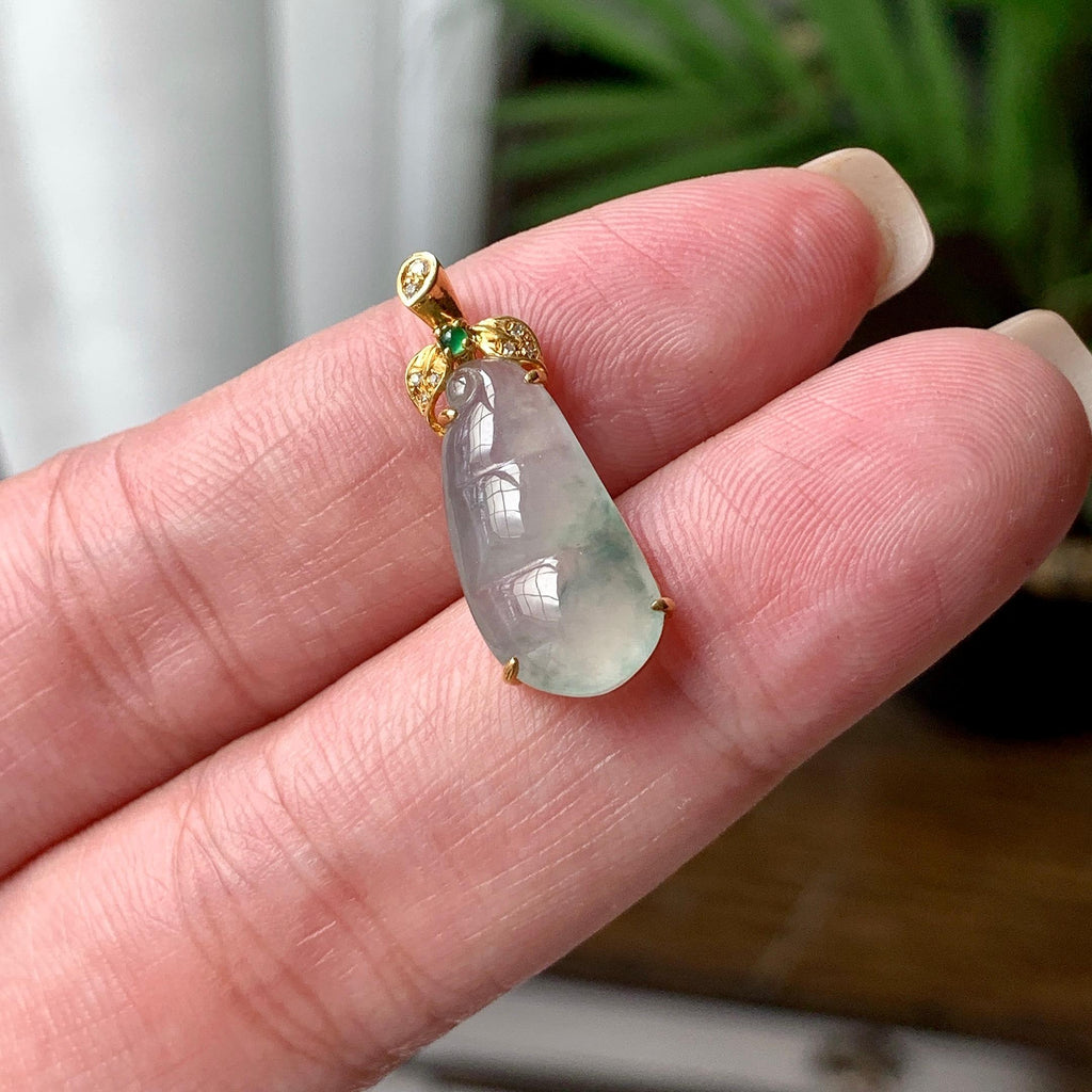 18K金钻镶糯冰种飘绿花福豆吊坠  天然缅甸A货翡翠（yc449544）