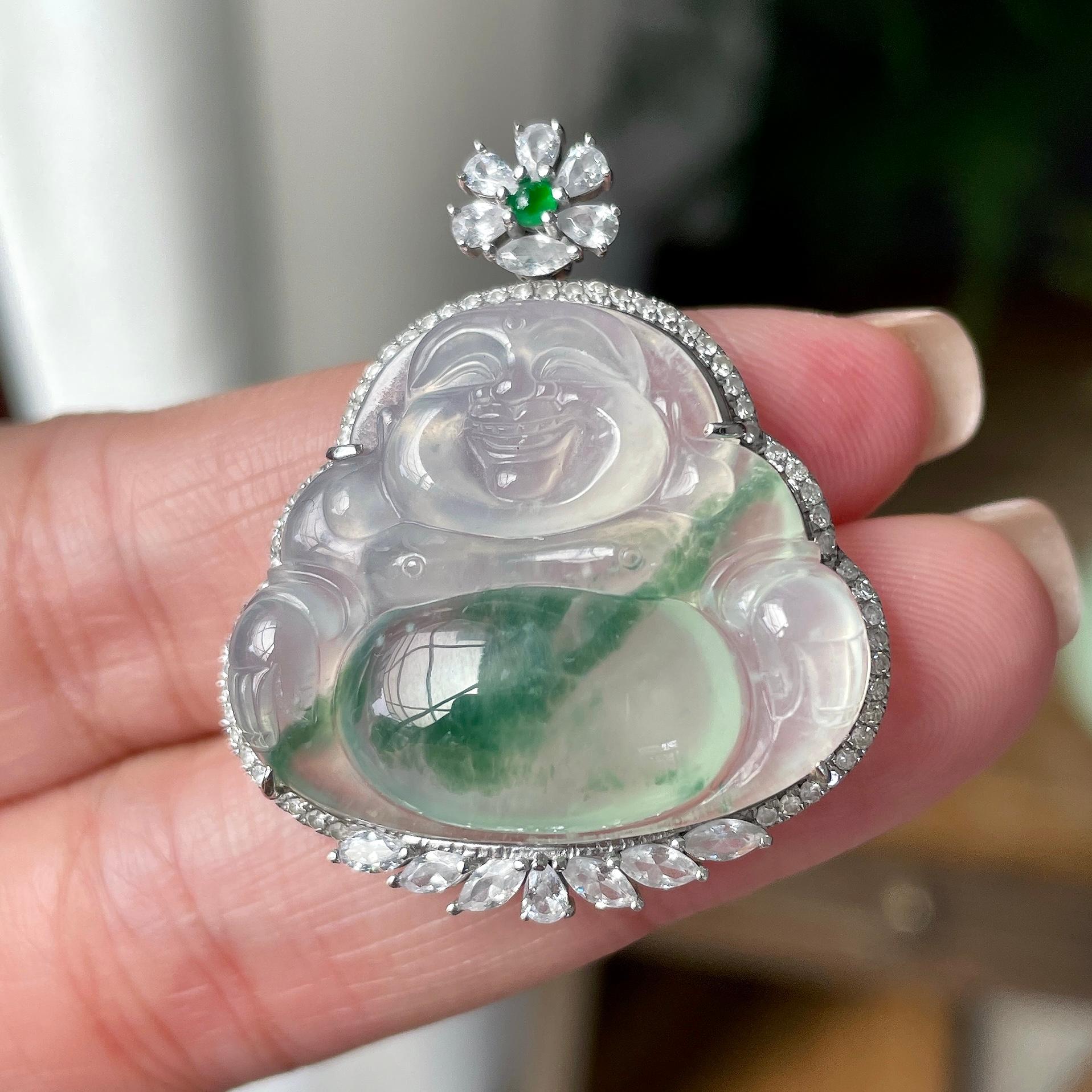 18K金钻镶糯冰种飘绿花佛公吊坠 天然缅甸A货翡翠（yc350006）