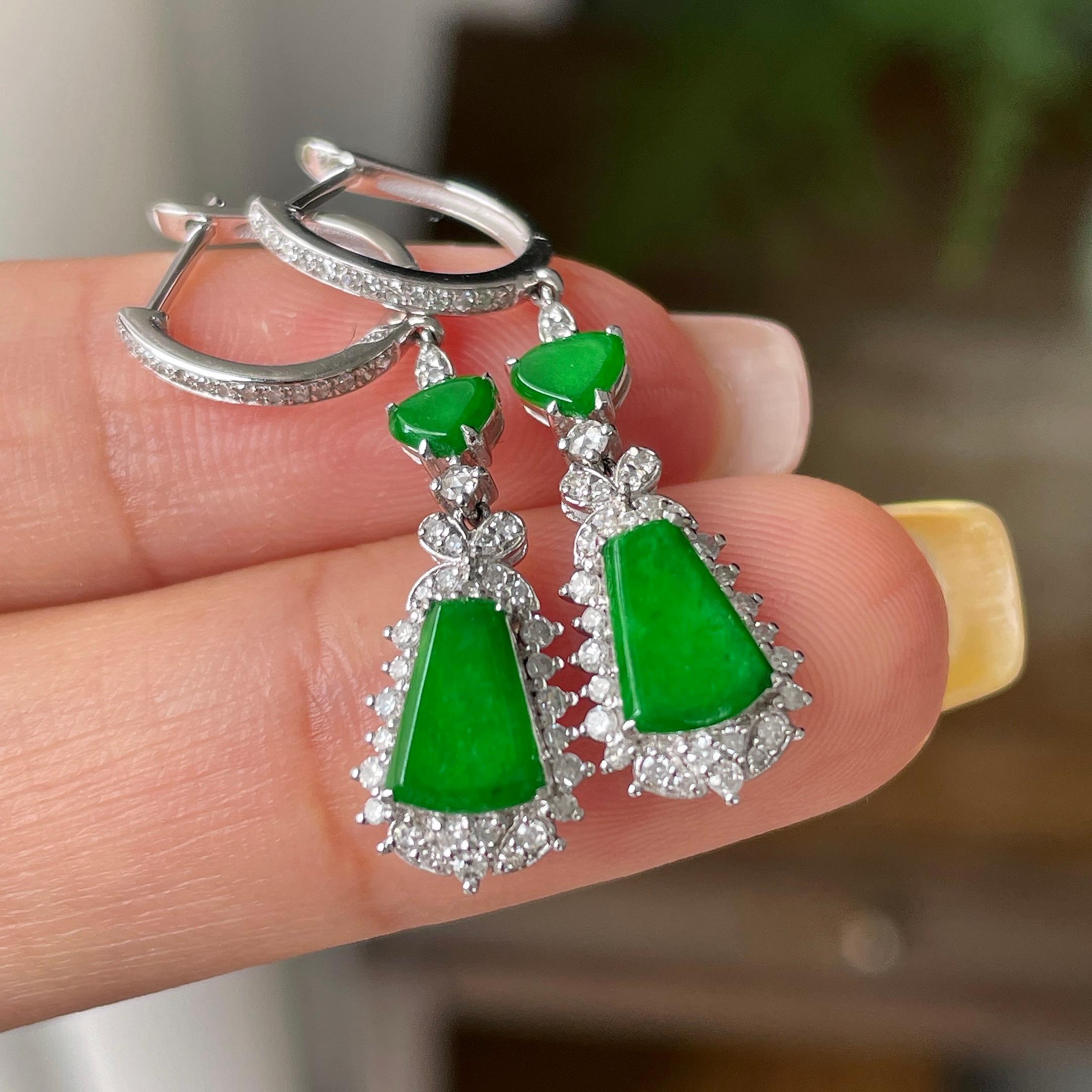 18k金钻镶细糯种满绿无事牌耳坠    天然缅甸A货翡翠（yc362128）