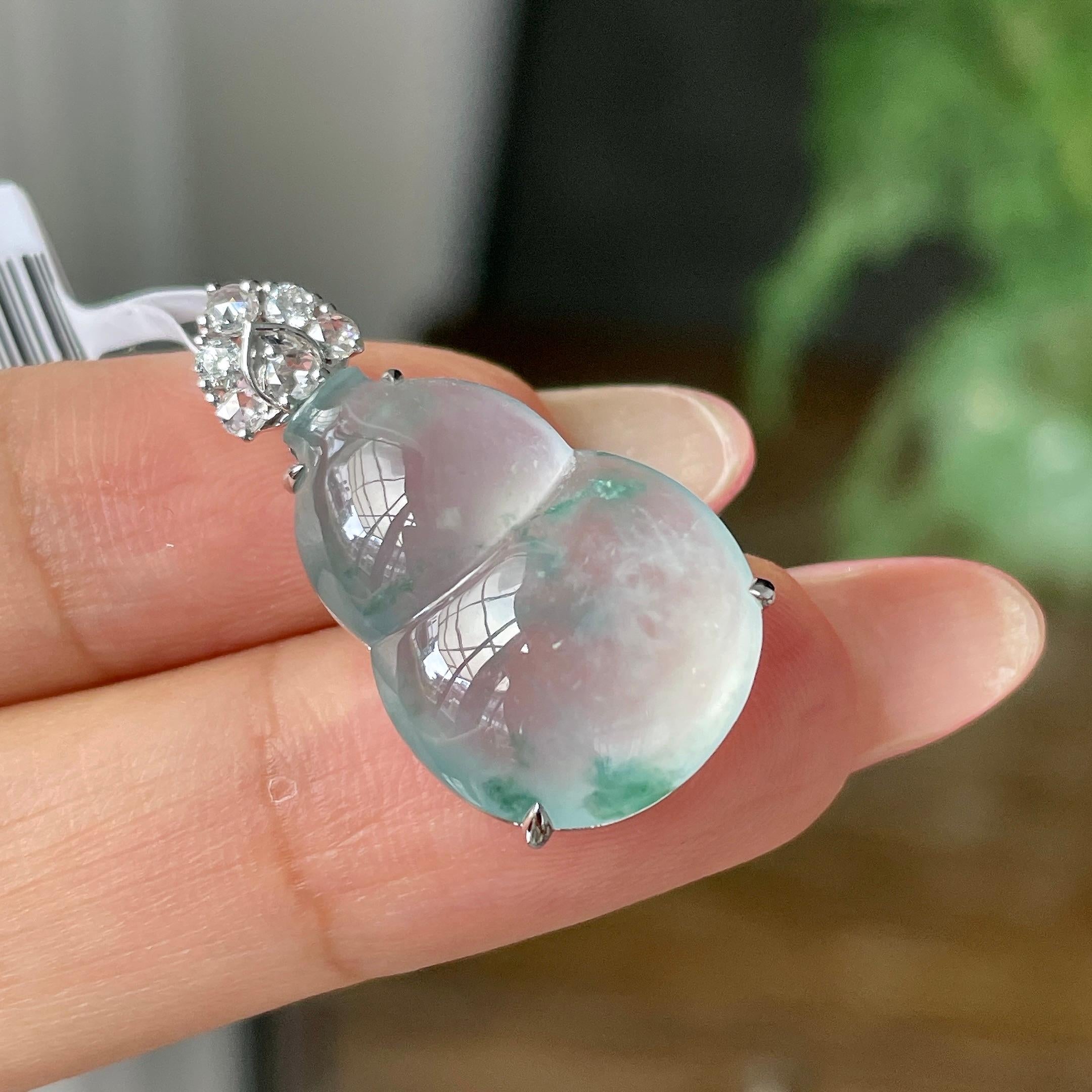 18k金钻镶冰种飘花葫芦吊坠       天然缅甸A货翡翠（yc429718）