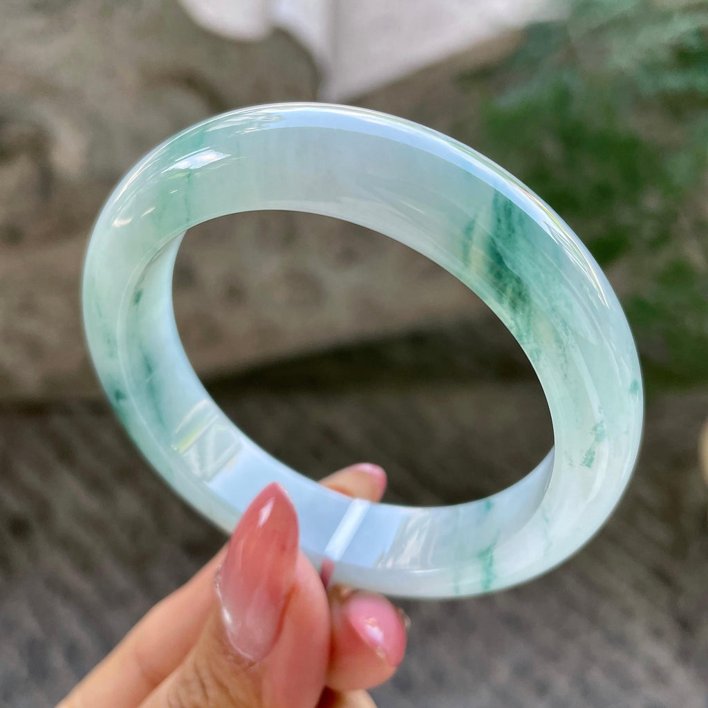 小圈口      糯冰种飘花正圈平安镯53圈       天然缅甸A货翡翠（yc431599）
