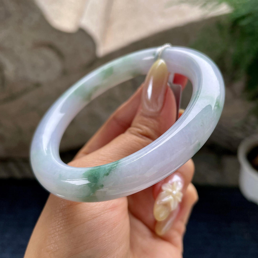 大圈口 细糯种淡紫底飘花圆条手镯58.5圈 天然缅甸A货翡翠（yc460680）