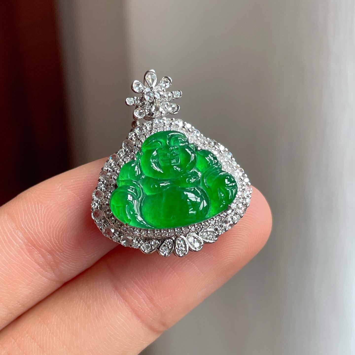 18k金钻镶冰种满绿翡翠佛公（yc257808）