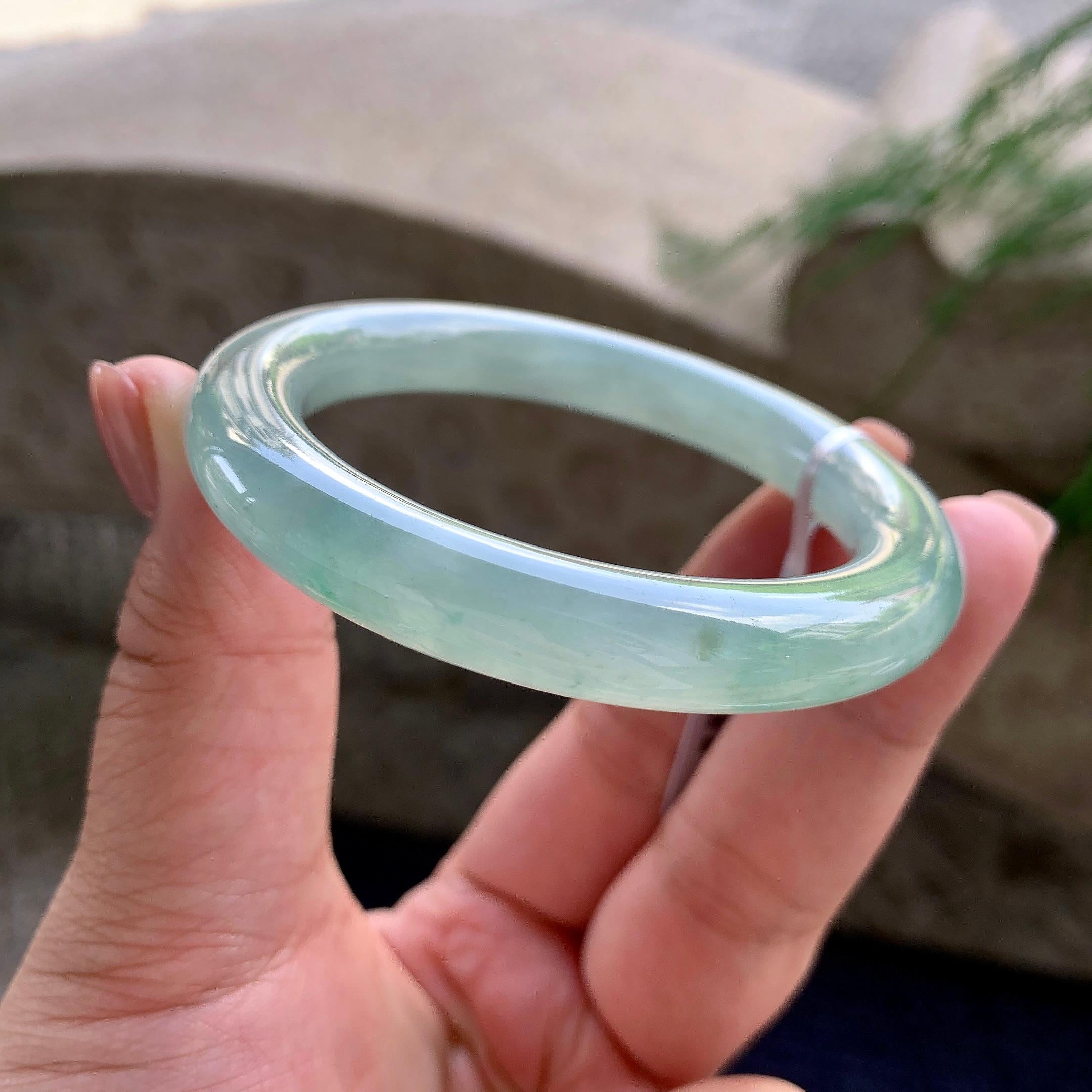 小圈口 糯冰种晴水圆条手镯 53圈口 天然缅甸A货翡翠（yc480527）