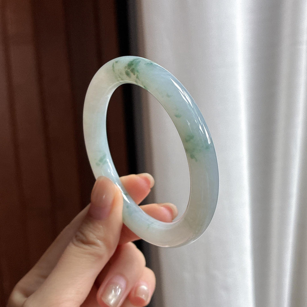 糯冰飘花圆条手镯 54圈 天然缅甸A货翡翠（yc483564）
