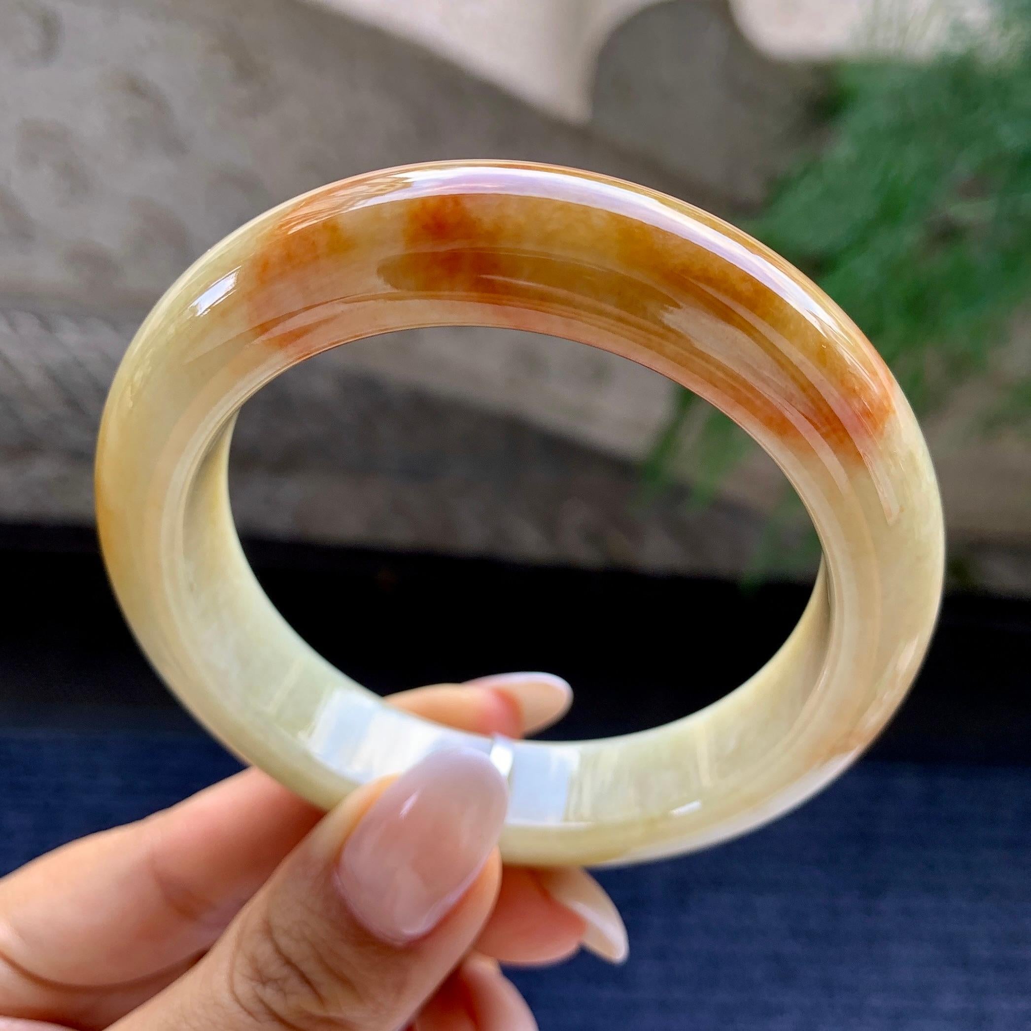 细糯种黄翡飘红翡正圈平安镯   56.6圈    天然缅甸A货翡翠（yc408850）