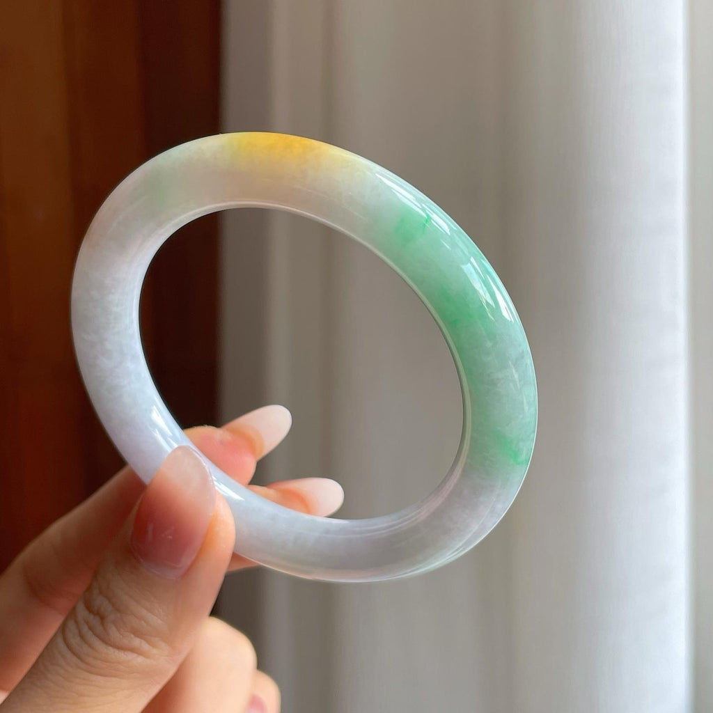 糯冰黄加绿翡翠圆条手镯（53.2mm）（yc310619）