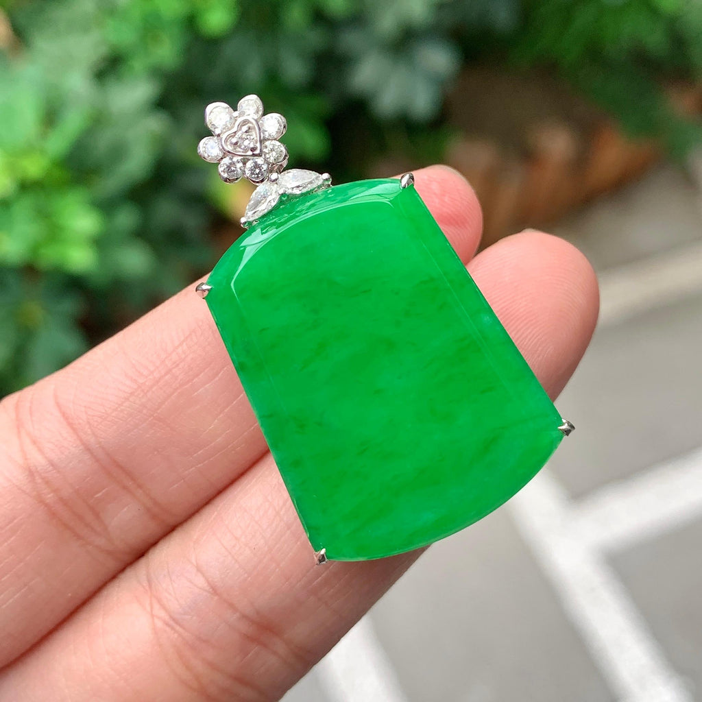 18K金钻镶糯冰种满绿无事牌吊坠（yc261126）