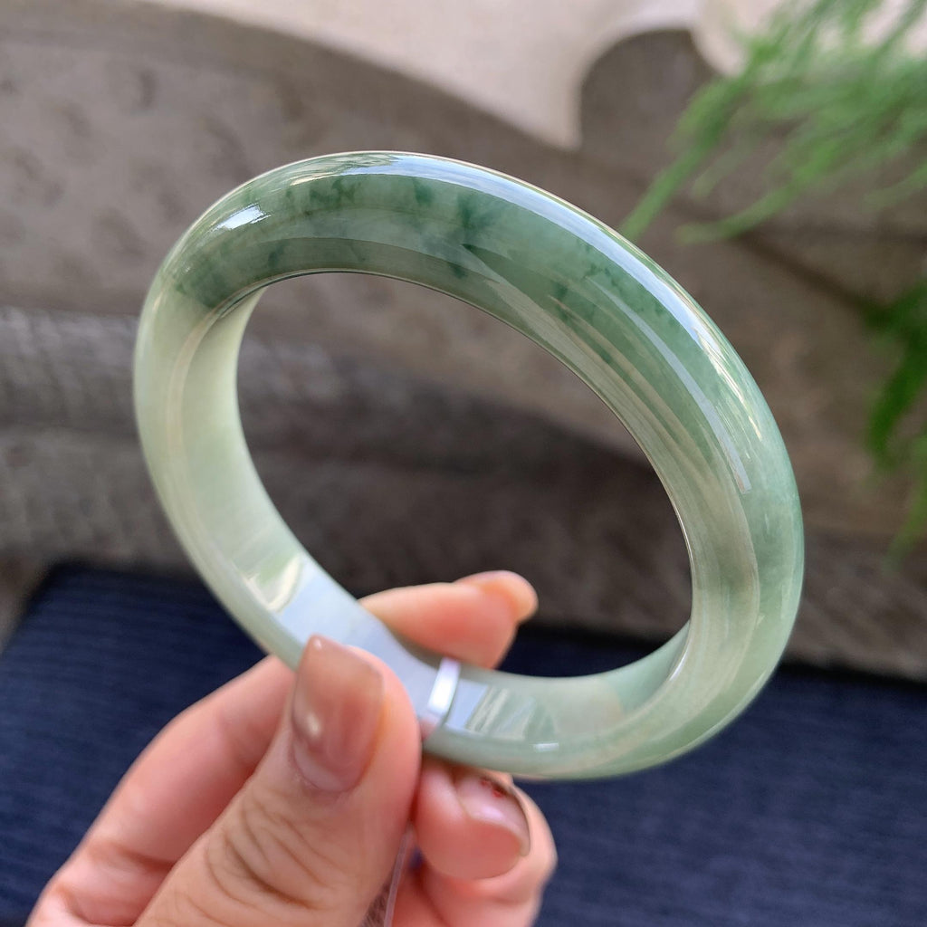 糯种飘绿花正圈平安镯 57圈口 天然缅甸A货翡翠（yc350646）