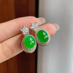 铜托糯冰满绿翡翠蛋面耳饰（yc246170）