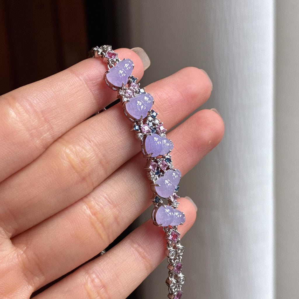 Vòng tay hồ lô tím lanh băng ngọc bích thiên nhiên Miến Điện loại A khảm vàng 18k (yc450398)