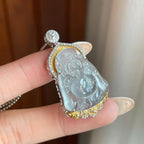 18k金钻镶冰种无色雪花棉翡翠财神爷吊坠（yc265789）