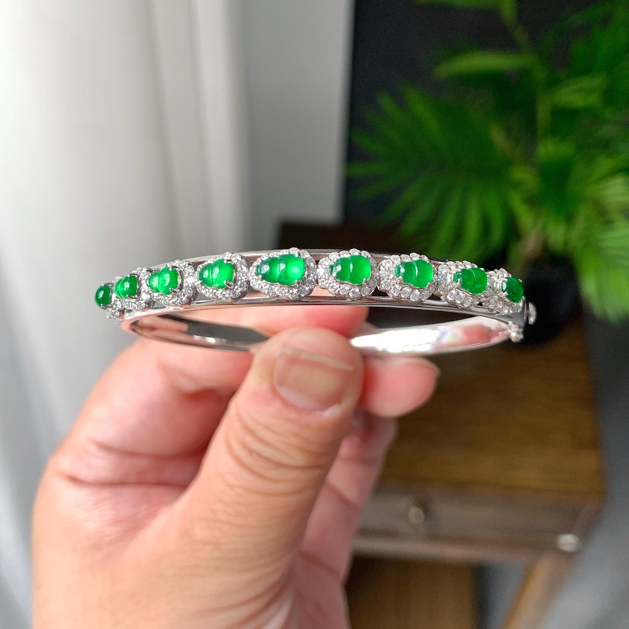 18K金钻镶糯冰种满绿葫芦贵妃手镯（活扣）（yc246599）