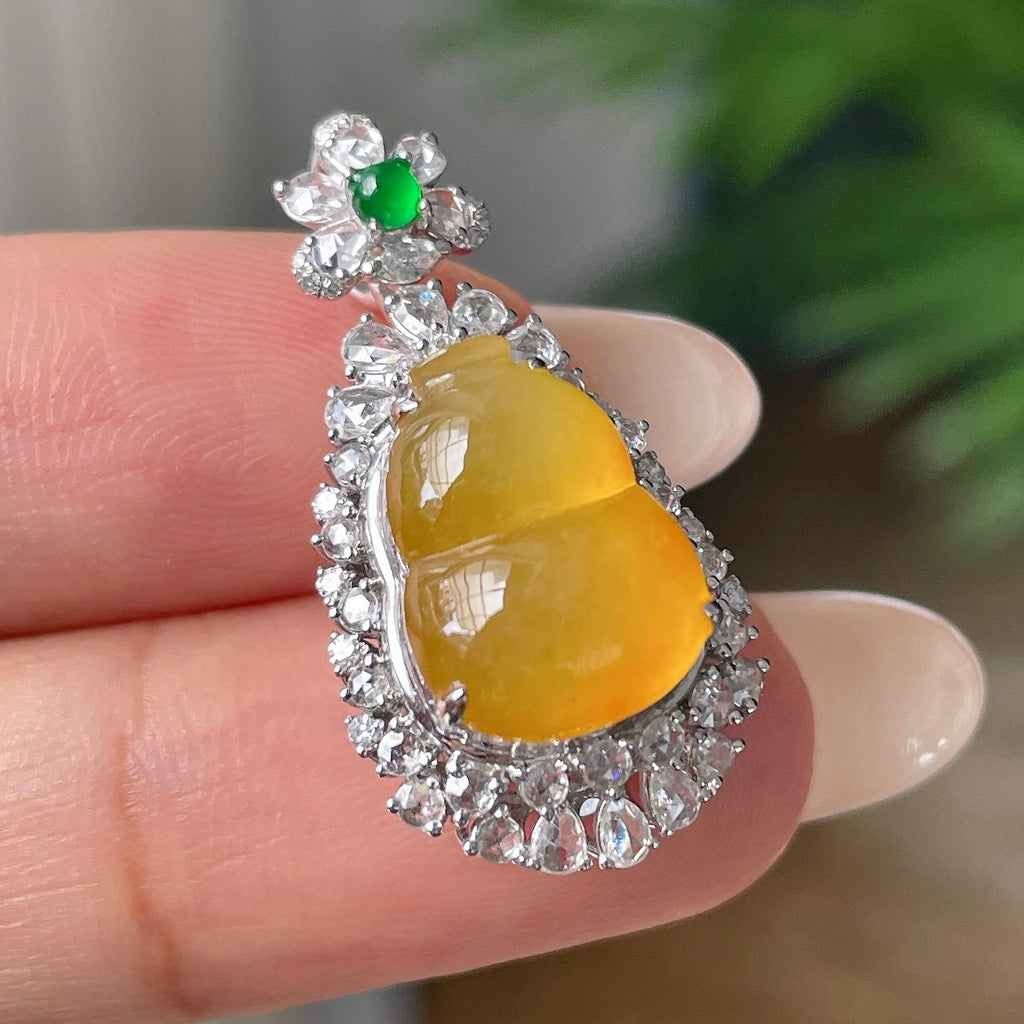 18k金钻镶冰种黄翡葫芦吊坠       天然缅甸A货翡翠（yc409680）