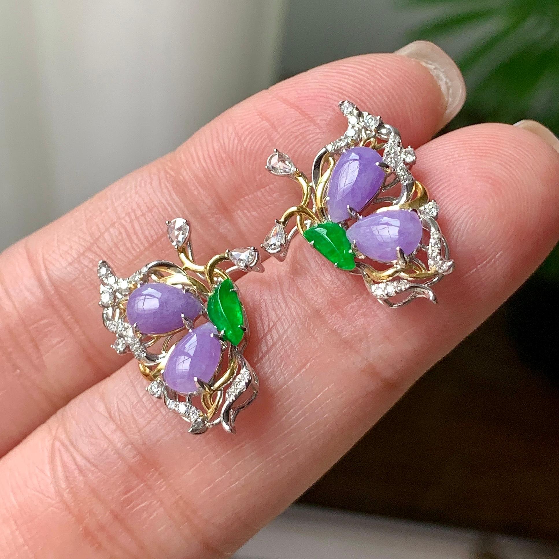 18K金钻镶细糯种紫罗兰随型耳钉  天然缅甸A货翡翠（yc362080）