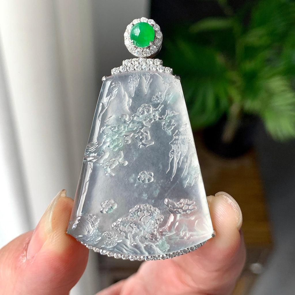 18K金钻镶冰种山水牌吊坠（yc255621）