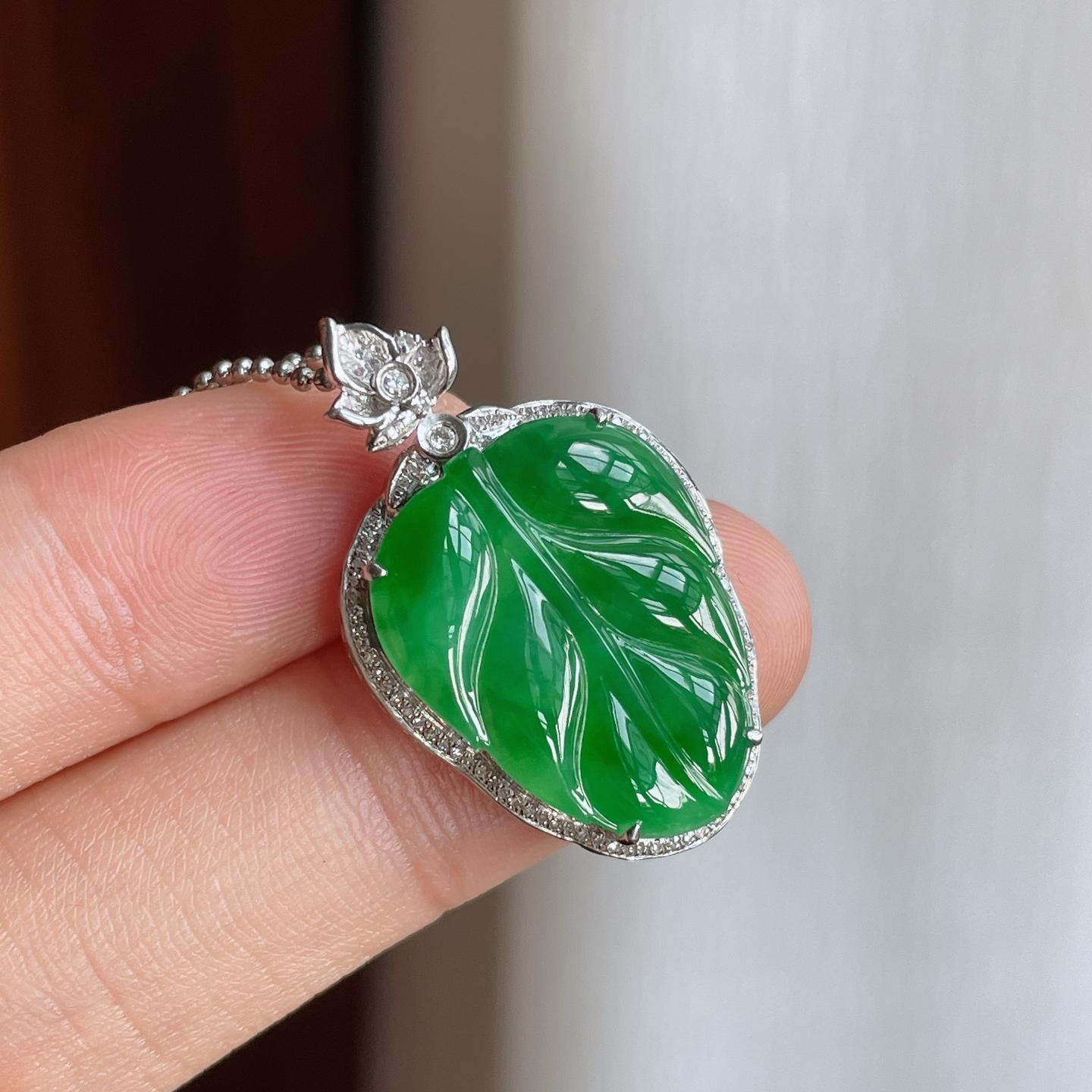 18k金镶糯种满绿翡翠叶子（yc251709）