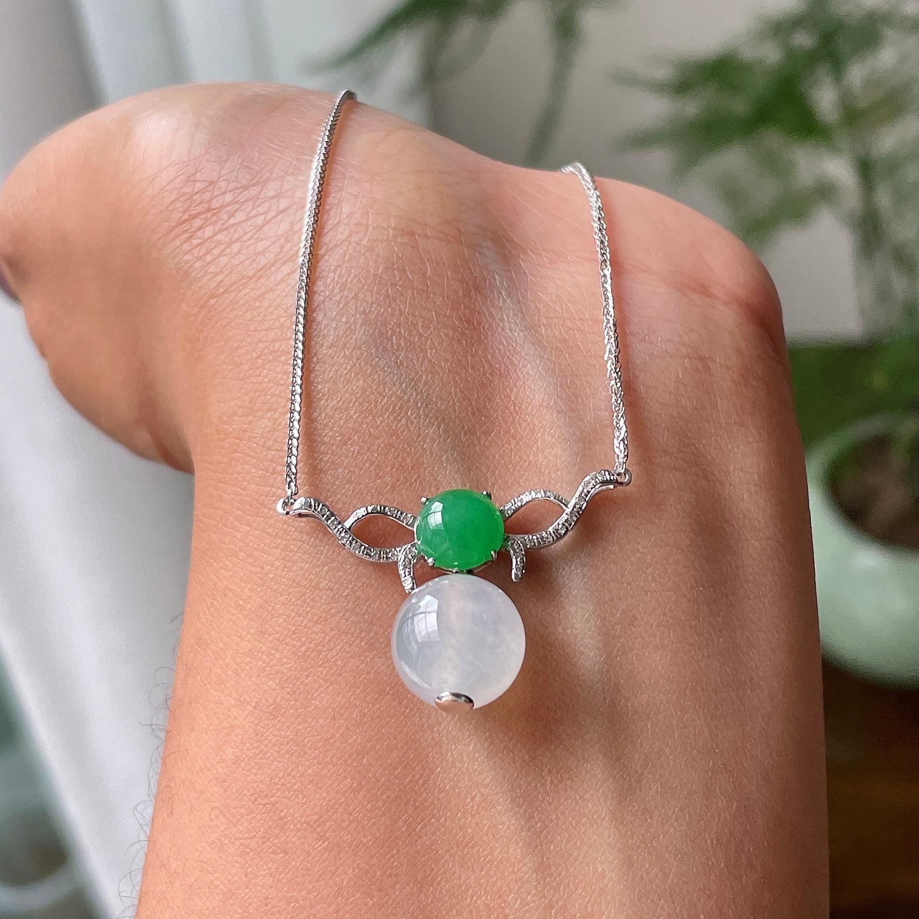 18k金钻镶糯冰种无色圆珠项链   天然缅甸A货翡翠（yc319028）